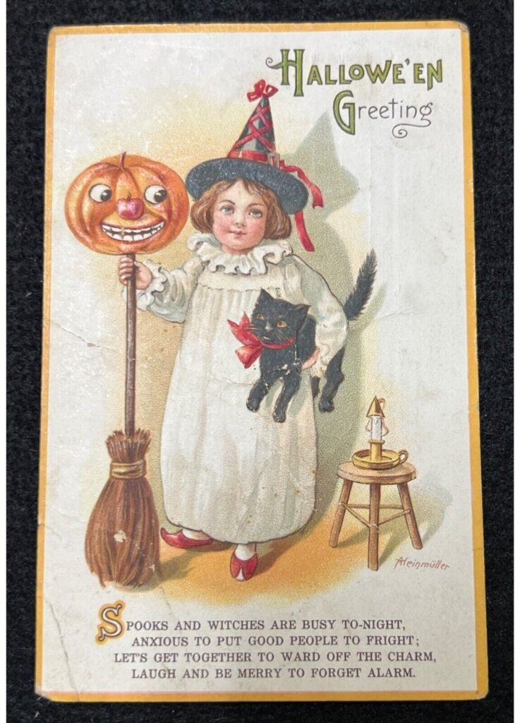 Halloween greetings postcard witch pumpkin jack-o'-lantern