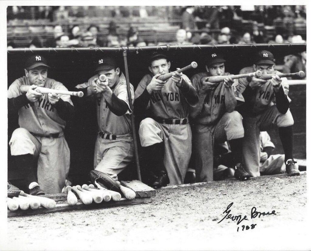 George Brace photograph 1938 New York Yankees Bill Dickey, Joe Gordon, Joe DiMaggio, Tommy Henrich, and Lou Gehrig Murderers’ Row
